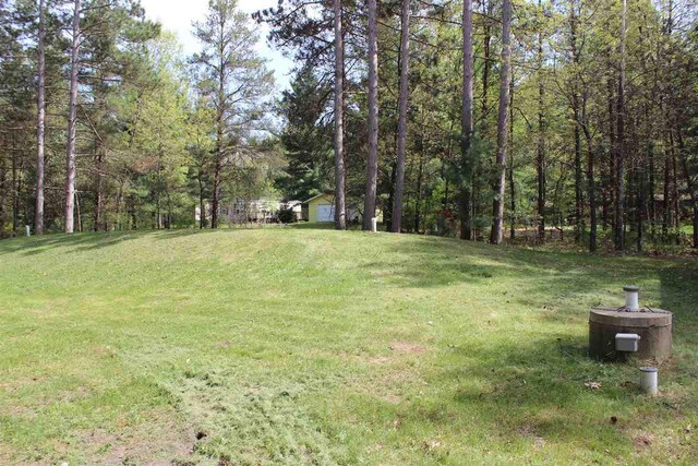 view of yard featuring a wooded view and a garage