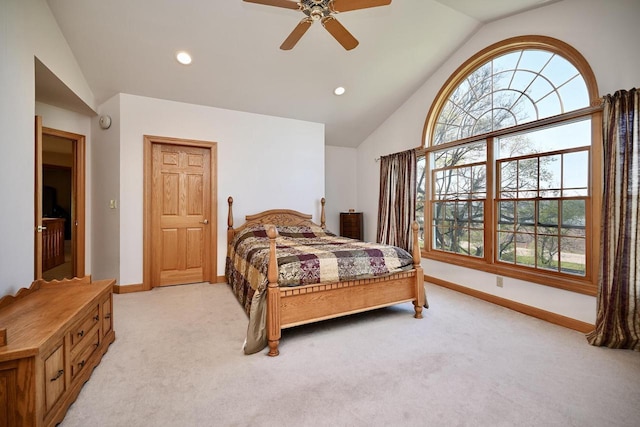 W157 Thomas Rd, Fountain City, WI 54629 - bedroom featuring lofted ceiling, light carpet, baseboards, recessed lighting, and a ceiling fan