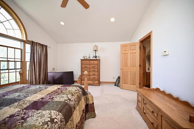 W157 Thomas Rd, Fountain City, WI 54629 - bedroom with light carpet, high vaulted ceiling, recessed lighting, and ceiling fan
