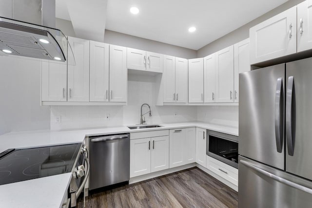 kitchen with a sink, dark wood-style flooring, light countertops, range hood, and appliances with stainless steel finishes