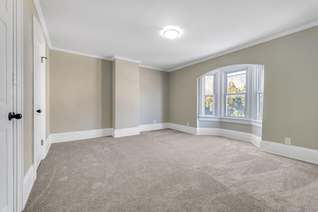 spare room featuring baseboards, carpet flooring, and crown molding