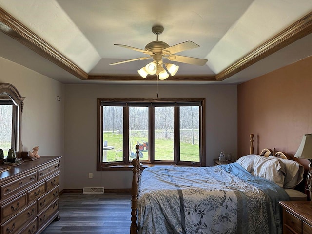 bedroom with a raised ceiling, multiple windows, and visible vents