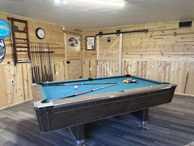 rec room featuring wood walls, visible vents, billiards, and wood finished floors