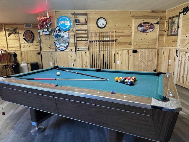 game room featuring billiards, wood walls, wood finished floors, and visible vents