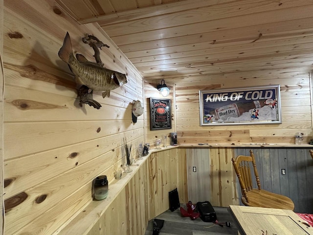 interior space featuring wooden walls and wood ceiling