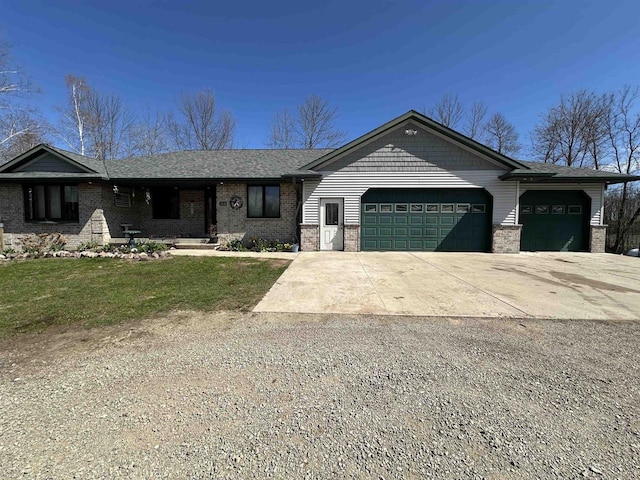 ranch-style house with driveway, roof with shingles, brick siding, and a garage