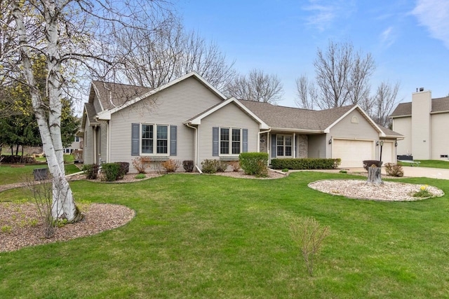 ranch-style home with a garage, a front yard, concrete driveway, and a shingled roof