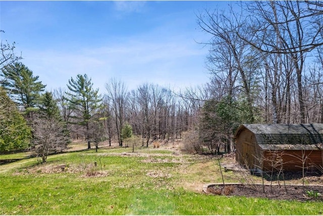 view of yard with a storage shed, an outbuilding, and a view of trees