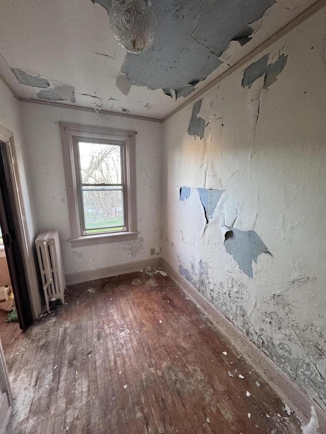 interior space with baseboards, radiator, and hardwood / wood-style flooring
