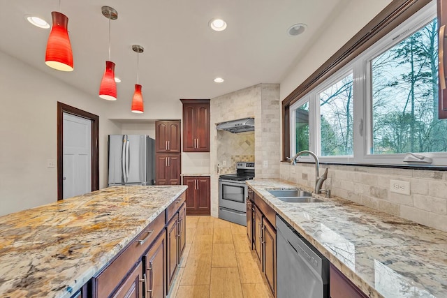 8408 N Lake Dr, Fox Point, WI 53217 - kitchen featuring recessed lighting, pendant lighting, appliances with stainless steel finishes, and a sink