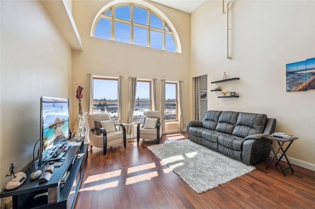 living area with a high ceiling, a healthy amount of sunlight, and wood finished floors