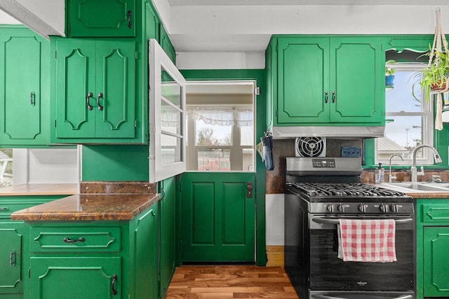 kitchen with a sink, green cabinetry, wood finished floors, plenty of natural light, and stainless steel gas range
