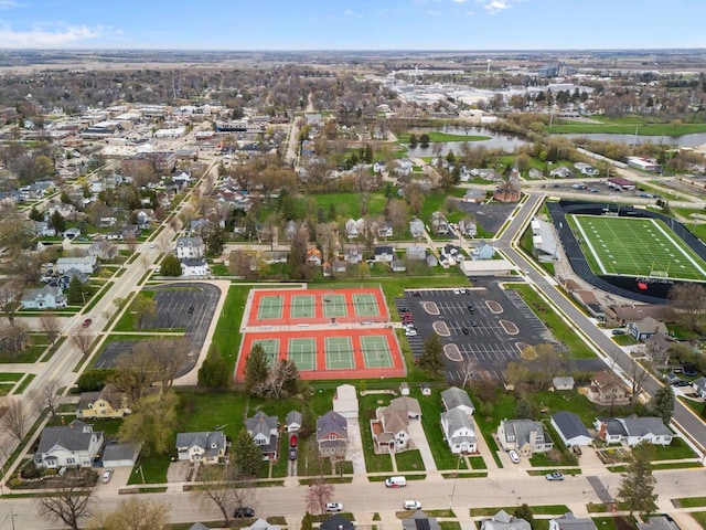 aerial view featuring a water view and a residential view