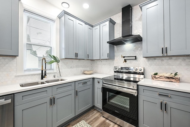 1928 E Iron St, Milwaukee, WI 53207 - kitchen with a sink, appliances with stainless steel finishes, wall chimney exhaust hood, and gray cabinets