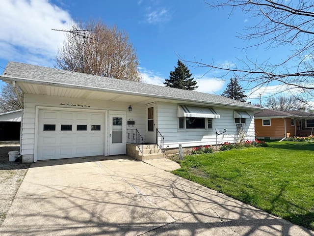 ranch-style home with concrete driveway, a front yard, and an attached garage