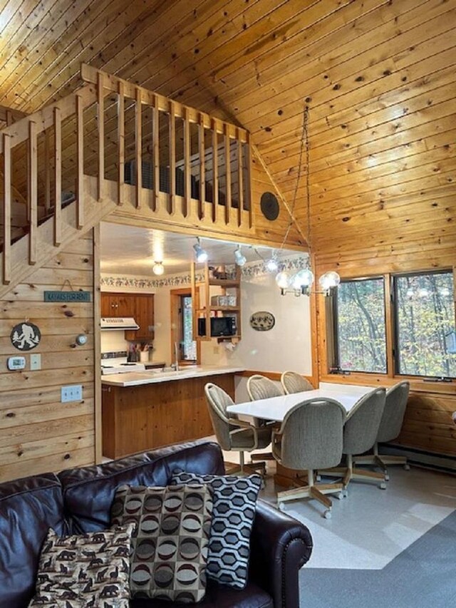 W15560 Mckinley Ln, Athelstane, WI 54104 - interior space with wood walls, high vaulted ceiling, and wood ceiling