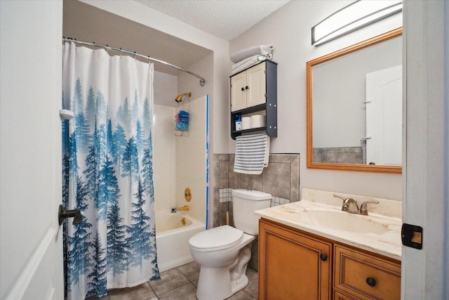 11 Fir Trl, Wisconsin Dells, WI 53965 - bathroom with toilet, shower / bath combo with shower curtain, a textured ceiling, tile patterned flooring, and vanity