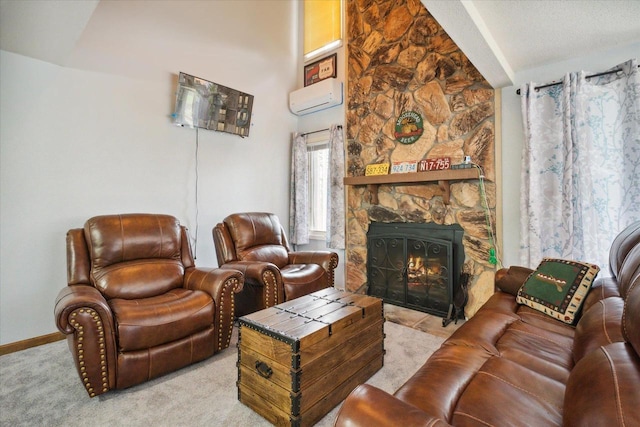 11 Fir Trl, Wisconsin Dells, WI 53965 - carpeted living room featuring baseboards, a wall mounted air conditioner, and a fireplace