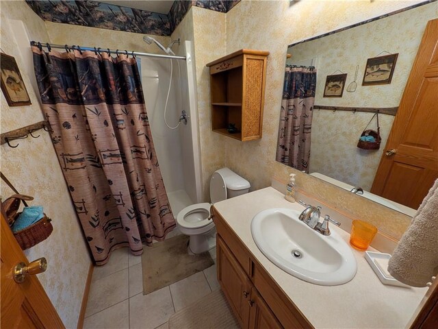1380 101st Cir, Amery, WI 54001 - bathroom with vanity, toilet, a shower with curtain, and tile patterned flooring