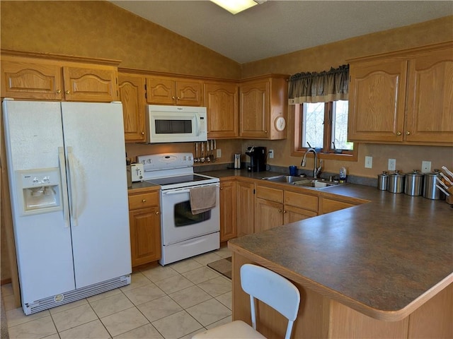 1380 101st Cir, Amery, WI 54001 - kitchen featuring white appliances, a sink, dark countertops, a peninsula, and lofted ceiling