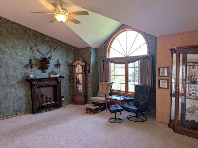1380 101st Cir, Amery, WI 54001 - sitting room with carpet, vaulted ceiling, ceiling fan, and wallpapered walls