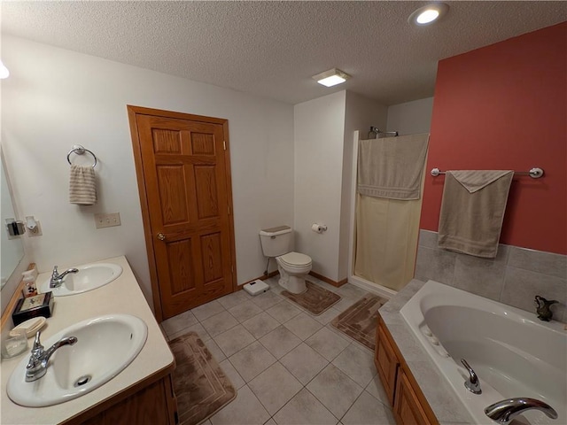 1380 101st Cir, Amery, WI 54001 - bathroom with a bath, a shower stall, a textured ceiling, tile patterned floors, and double vanity