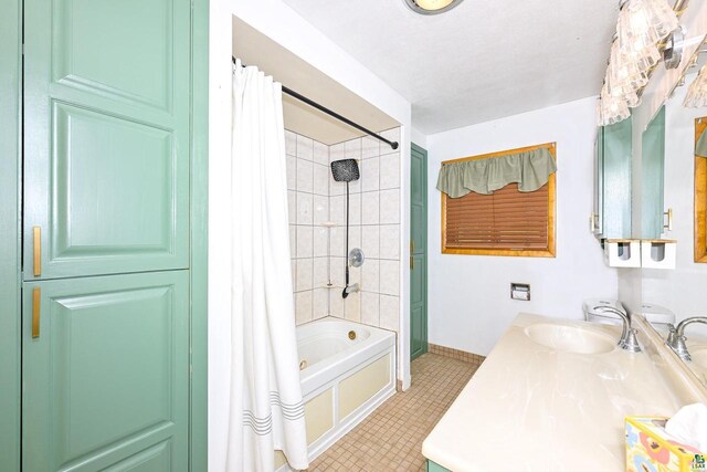 7113 E County Rd E, South Range, WI 54874 - bathroom featuring shower / bathtub combination with curtain, vanity, and baseboards