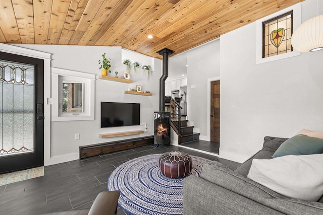 175 Old Wausau Rd, Stevens Point, WI 54481 - living area with wood ceiling, stairway, vaulted ceiling, baseboards, and recessed lighting