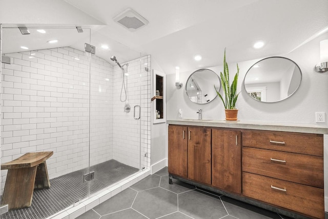175 Old Wausau Rd, Stevens Point, WI 54481 - bathroom featuring tile patterned floors, lofted ceiling, a stall shower, recessed lighting, and vanity