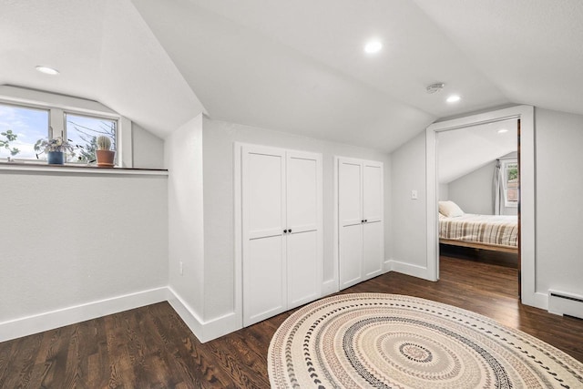 175 Old Wausau Rd, Stevens Point, WI 54481 - unfurnished bedroom featuring two closets, lofted ceiling, wood finished floors, baseboards, and multiple windows