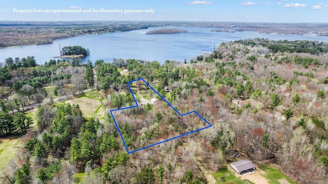 175 Old Wausau Rd, Stevens Point, WI 54481 - aerial view of property and surrounding area featuring a large body of water, property boundaries highlighted, and a forest