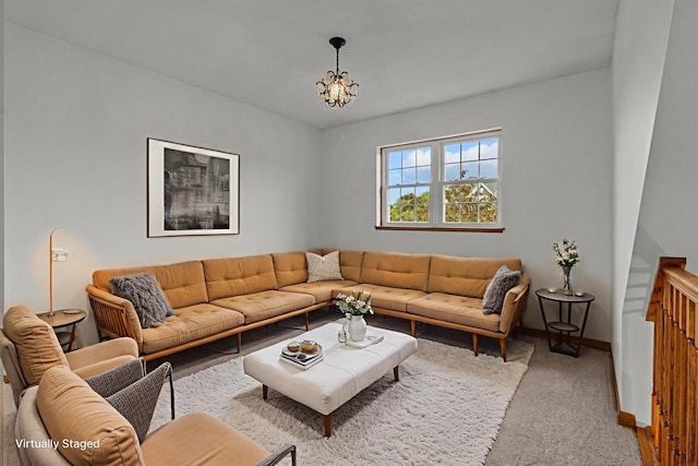 580 S Stone Ridge Dr, Lake Geneva, WI 53147 - carpeted living area with baseboards and a chandelier