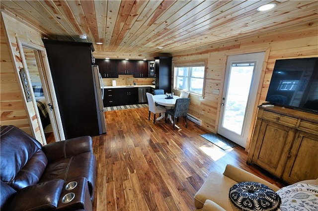 2097 Sunnyside Rd, Danbury, WI 54830 - living room with wood finished floors, wood ceiling, wooden walls, baseboard heating, and recessed lighting