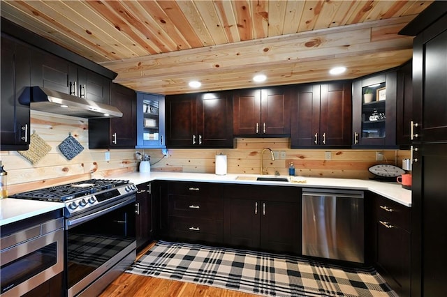 2097 Sunnyside Rd, Danbury, WI 54830 - kitchen featuring a sink, appliances with stainless steel finishes, under cabinet range hood, wood ceiling, and light countertops