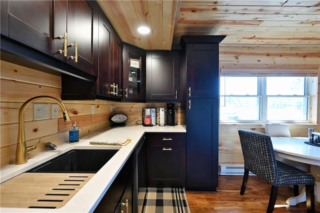 2097 Sunnyside Rd, Danbury, WI 54830 - kitchen with a sink, light countertops, wooden ceiling, light wood-type flooring, and glass insert cabinets