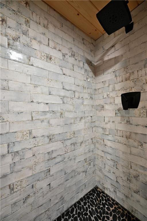 2097 Sunnyside Rd, Danbury, WI 54830 - bathroom with tiled shower and wood ceiling