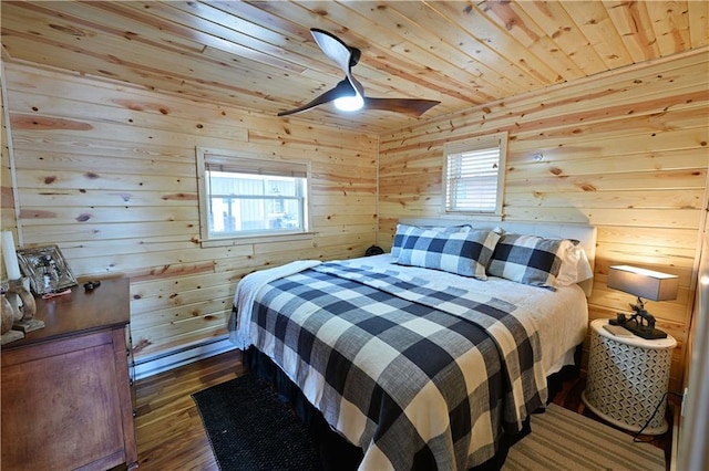 2097 Sunnyside Rd, Danbury, WI 54830 - bedroom featuring baseboard heating, wood-type flooring, wooden ceiling, and wooden walls