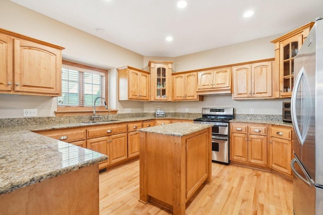 kitchen with stainless steel appliances, a sink, light wood finished floors, recessed lighting, and light stone countertops