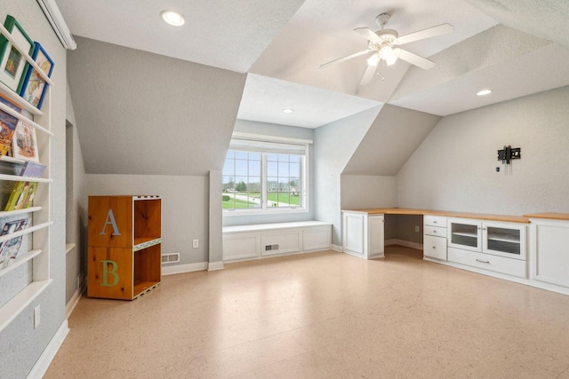 bonus room with vaulted ceiling, ceiling fan, baseboards, recessed lighting, and an office area