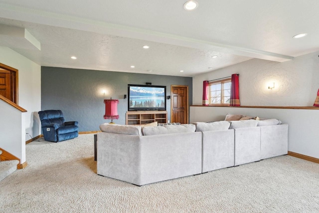 carpeted living room with recessed lighting, baseboards, and stairway