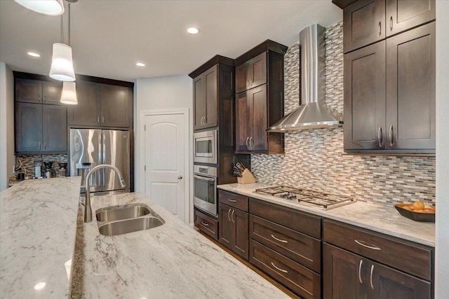 824 Richard Way, Waunakee, WI 53597 - kitchen featuring stainless steel appliances, a sink, wall chimney range hood, dark brown cabinetry, and decorative backsplash