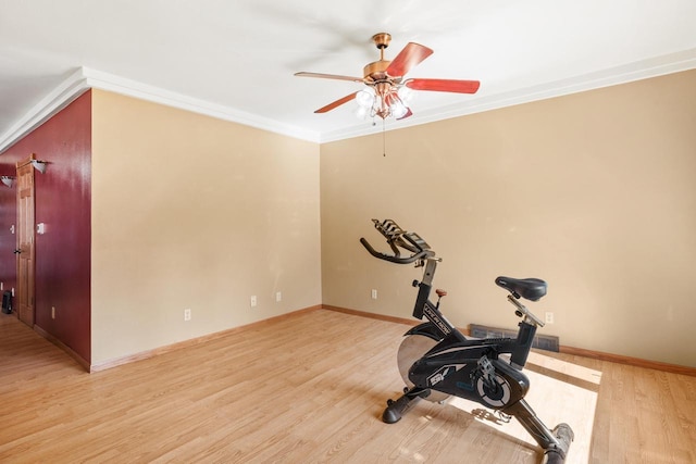 1214 S 17th St, Sheboygan, WI 53081 - workout room featuring a ceiling fan, light wood-type flooring, crown molding, and baseboards