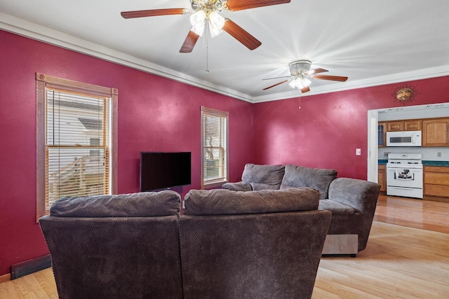 1214 S 17th St, Sheboygan, WI 53081 - living area with plenty of natural light, light wood-style flooring, a ceiling fan, and ornamental molding