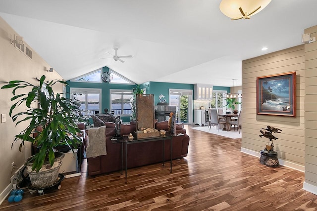 W11055 Eagle Dr, Lodi, WI 53555 - living room with wood finished floors, a ceiling fan, baseboards, vaulted ceiling, and recessed lighting
