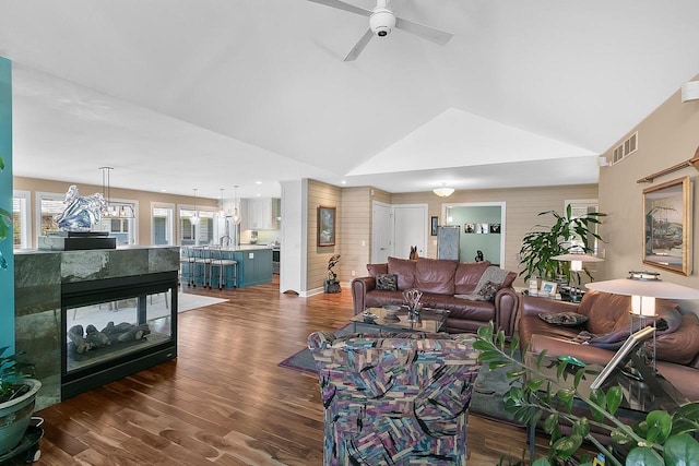W11055 Eagle Dr, Lodi, WI 53555 - living area featuring vaulted ceiling, dark wood-type flooring, and a ceiling fan