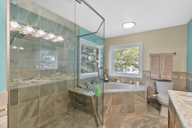 W11055 Eagle Dr, Lodi, WI 53555 - bathroom with vanity, tile walls, a bath, a stall shower, and toilet