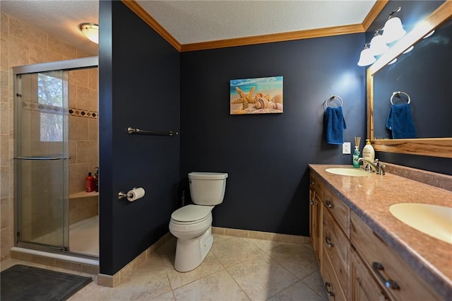 W5937 Ross Rd, Trego, WI 54888 - bathroom featuring a shower stall, crown molding, toilet, tile patterned flooring, and double vanity
