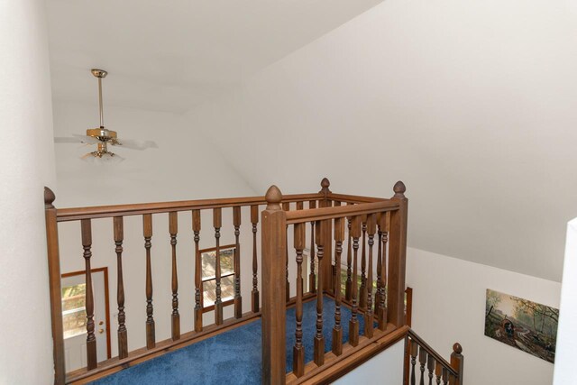 6615 Birchwood Shores Ln, Oconto Falls, WI 54154 - stairway with lofted ceiling, a ceiling fan, and carpet floors