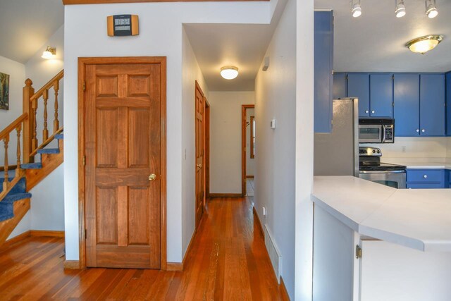 6615 Birchwood Shores Ln, Oconto Falls, WI 54154 - kitchen with stainless steel appliances, blue cabinets, and wood finished floors