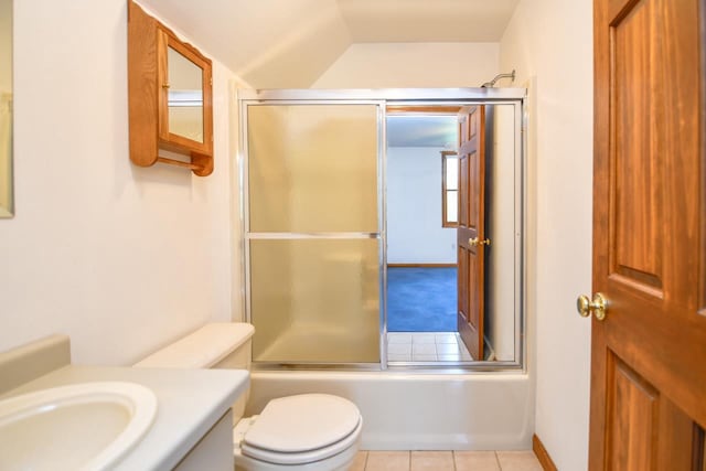 6615 Birchwood Shores Ln, Oconto Falls, WI 54154 - bathroom with toilet, vanity, shower / bath combination with glass door, tile patterned flooring, and vaulted ceiling